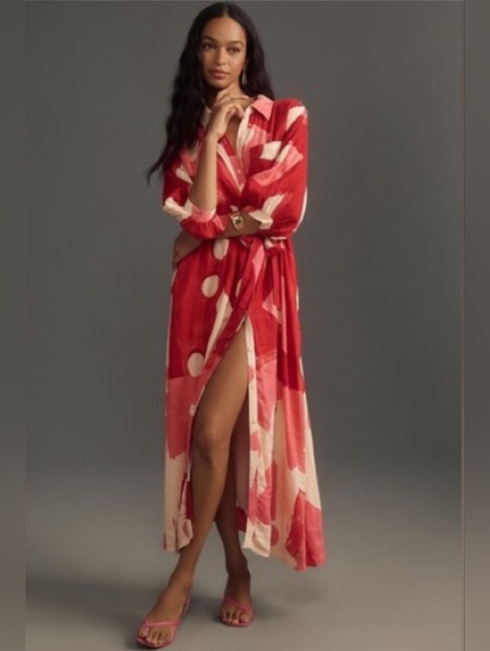 Anthropologie Mave Mona Maxi Dress Red, Cream and Blush Abstract Print L